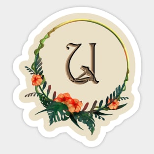 Tropical Flowers on a circular frame with a girl figure on the letter U Sticker